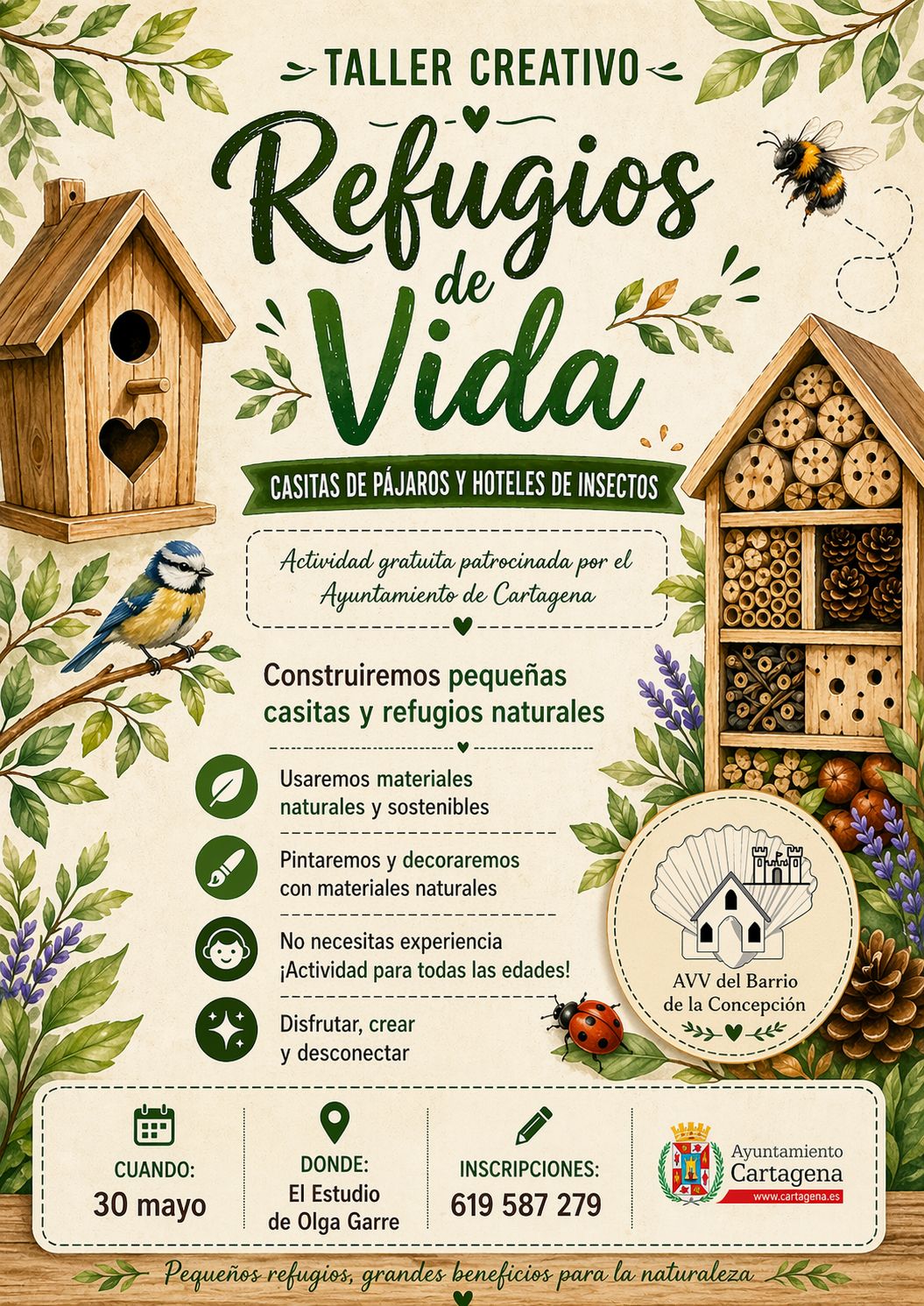 CULTURA CERCANA: TALLER CREATIVO `REFUGIOS DE VIDA� CASETAS PARA P�JAROS Y HOTELES DE INSECTOS. BARRIO DE LA CONCEPCI�N